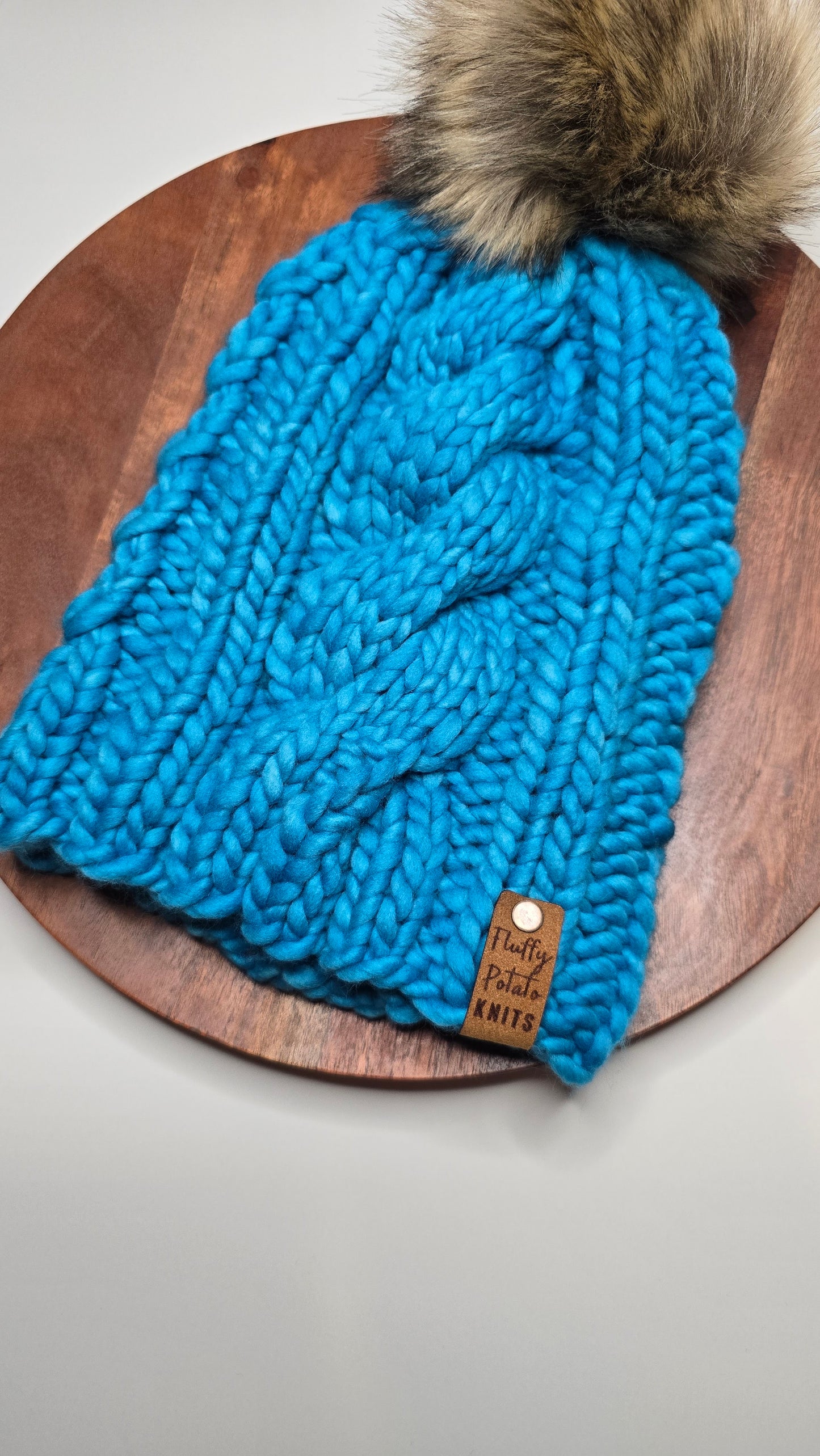 Adult L Cable Knit Hat - Blue