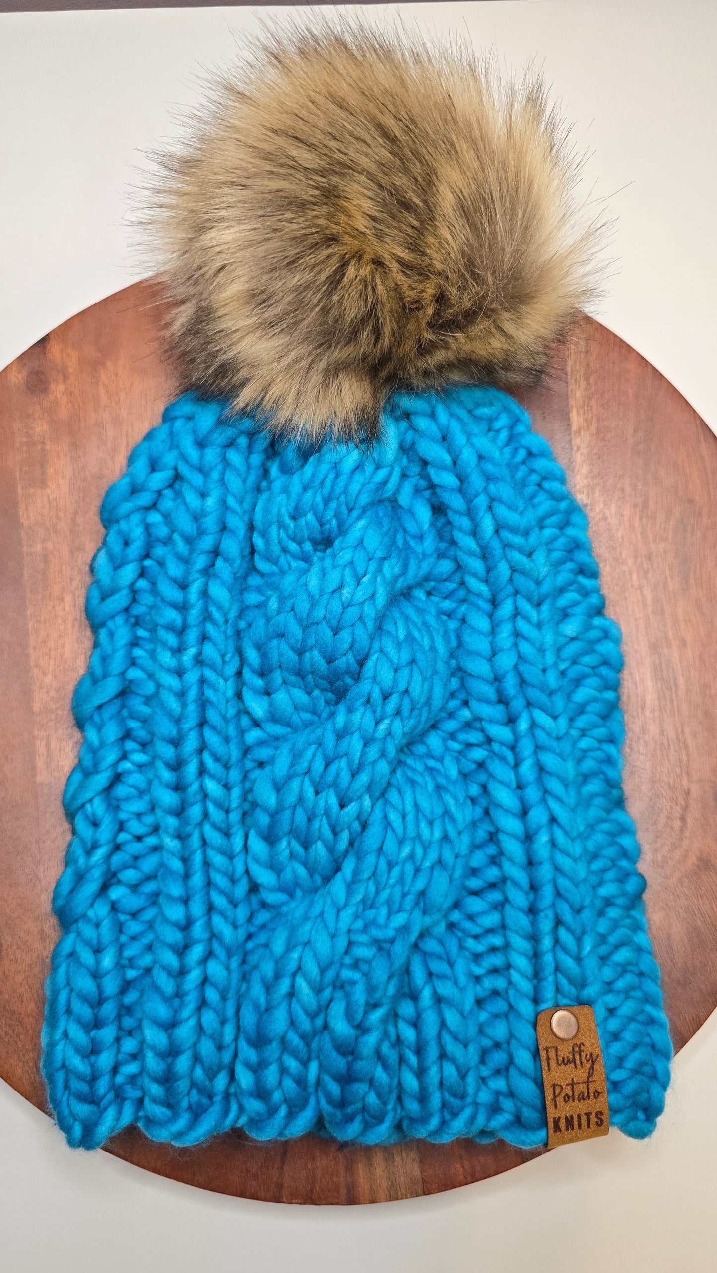 Adult L Cable Knit Hat - Blue