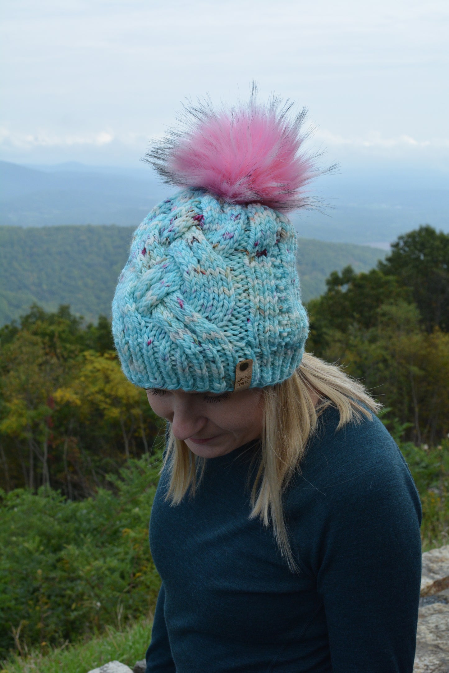 Adult Double Braid Beanie - Aqua/Pink