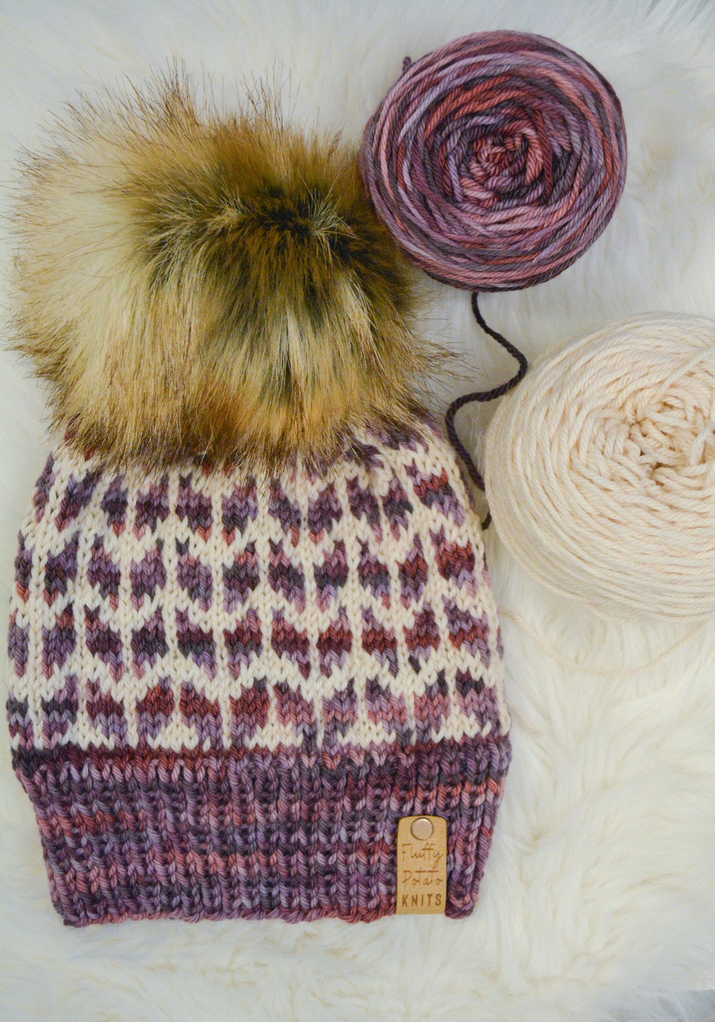 Adult Knit Stitch Beanie - Cream/Berry