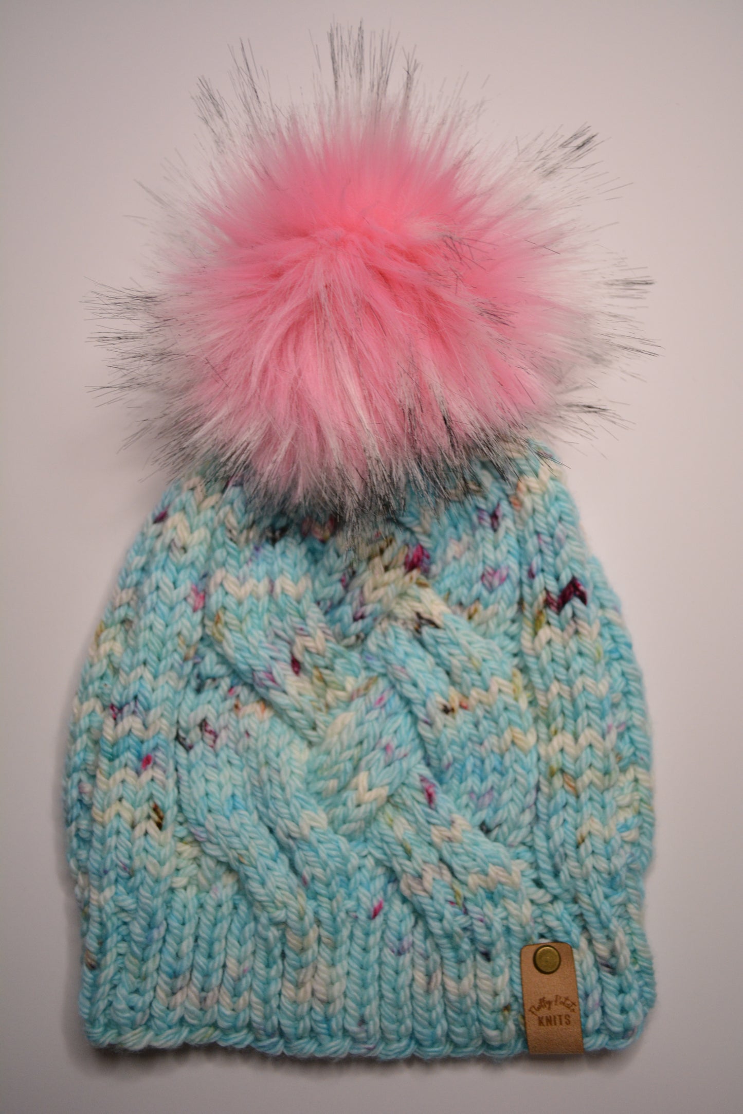 Adult Double Braid Beanie - Aqua/Pink