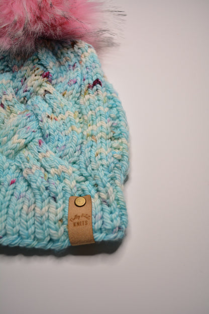 Adult Double Braid Beanie - Aqua/Pink